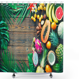 Personality  Assortment Of Tropical Fruits With Leaves Of Palm Trees And Exotic Flower On Dark Wooden Background. Top View Shower Curtains