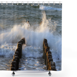 Personality  Breakwater And Waves On A Windy Day Shower Curtains