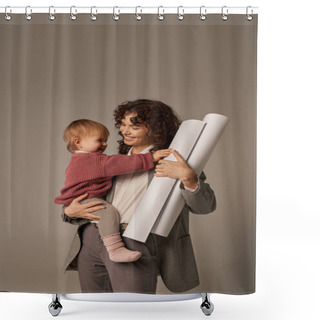 Personality  Building Successful Career, Multitasking Woman, Professional Achievements, Time Management, Happy Mother Holding In Arms Daughter And Rolled Paper Blueprints On Grey Background  Shower Curtains
