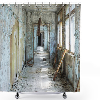 Personality  Corridor Of Abandoned Middle School In Pripyat City In Chernobyl Exclusion Zone, Ukraine Shower Curtains