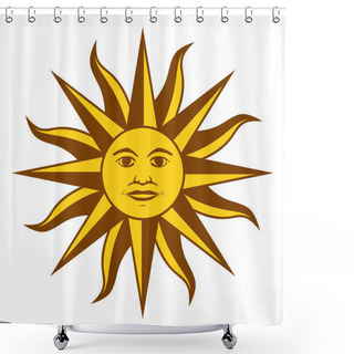 Personality  Sun Of May, Spanish Sol De Mayo, A National Emblem Of Uruguay On The Country Flag. Radiant Golden Yellow Sun With A Face And Sixteen Straight And Sixteen Wavy Rays. Illustration Over White. Vector. Shower Curtains