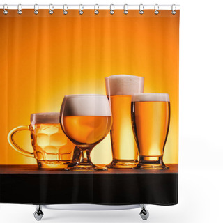Personality  Close Up View Of Arranged Mugs Of Cold Beer With Froth On Orange Background Shower Curtains
