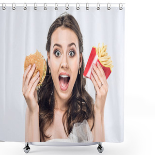 Personality  Close-up Portrait Of Shocked Young Bride In Wedding Dress With Burger And French Fries Looking At Camera Isolated On White Shower Curtains