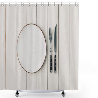 Personality  Empty Plate And Cutlery On White Wooden Background Shower Curtains