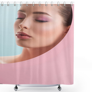 Personality  Portrait Of Beautiful Naked Woman With Shiny Makeup In Round Paper Hole With Closed Eyes Isolated On Blue Shower Curtains