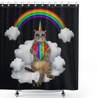 Personality  The Cat Unicorn In Sunglasses With A Color Heart Is Sitting On The Cloud Like A Sofa. The Rainbow Is Behind Him. Stars Background. Shower Curtains