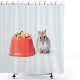 Personality  Cute Funny Hamster Near Orange Bowl With Pet Food On Grey Background Shower Curtains