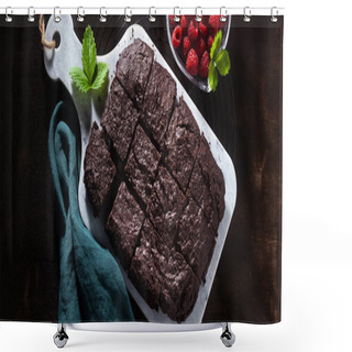 Personality  Banner Of Chocolate Vegan Brownie Pie With Tahini And Fresh Raspberries On A Dark Background Shower Curtains