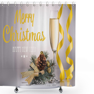 Personality  Glass Of Champagne, Christmas Decoration And Confetti On Grey Backdrop With 