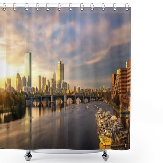 Personality  Bridge And Yacht Boat Club In Boston City With Morning Sunrise, USA Shower Curtains