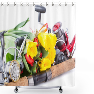 Personality  Fishing Tackles With Spring Flowers Shower Curtains
