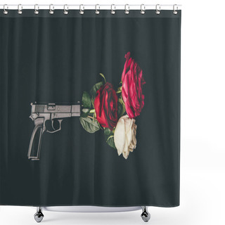 Personality  Top View Of Gun Shooting With Rose Flowers Isolated On Black Shower Curtains