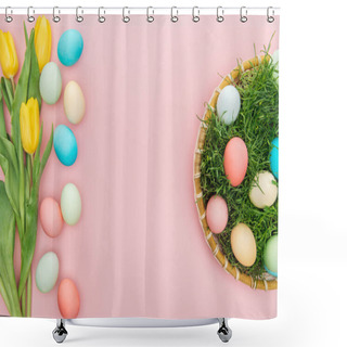 Personality  Top View Of Tulip Flowers And Pastel Easter Eggs In Wicker Plate Isolated On Pink Shower Curtains