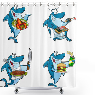 Personality  Funny Cartoon Illustration With Shark And Chef Shower Curtains