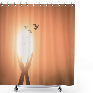 Personality  Silhouette Prayer Hands With Birds Flying Over Sunset Background Shower Curtains