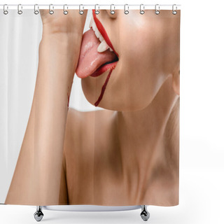 Personality  Cropped Shot Of Naked Girl With Vampire Teeth Licking Blood From Hand Isolated On White Shower Curtains