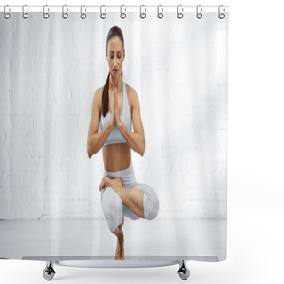 Personality  Woman With Praying Hands Balancing On Yoga Mat  Shower Curtains