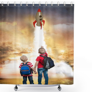 Personality  Two Brother's Play In Astronauts.Look At The Rocket Launch.dream To Go To Space. Shower Curtains