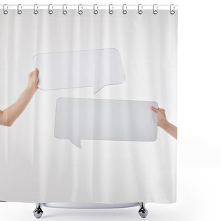 Personality  Cropped View Of Two Women With Speech Bubbles In Hands Isolated On White Shower Curtains