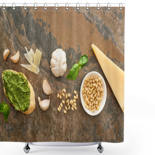 Personality  Top View Of Baguette Slice With Pesto Sauce Near Fresh Ingredients On Stone Surface Shower Curtains