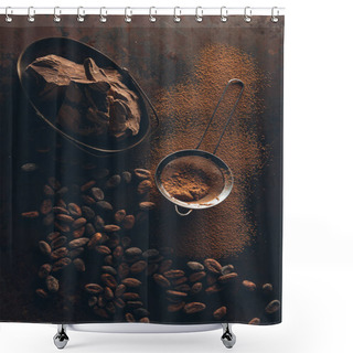 Personality  Delicious Chocolate Pieces, Cocoa Beans, Powder And Sieve On Dark Surface  Shower Curtains