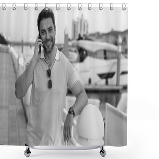 Personality  Portrait Of Handsome Man Chatting On Phone In City. Confident Man Talking On Phone In Modern Big American City. Stylish Lambersexual Model. Sexy Man Dressed In Polo. Bisiness Phone Conversation Shower Curtains