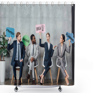 Personality  Happy Multiethnic Businesspeople Holding Speech Bubbles With Idea, Success, Planning And Strategy Lettering While Sitting In Waiting Hall Shower Curtains