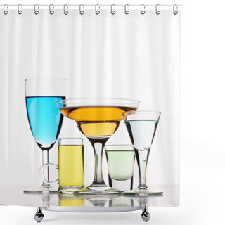 Personality  Close Up View Of Various Alcohol Cocktails In Glasses On White Backdrop Shower Curtains