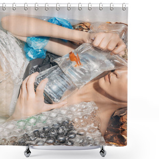 Personality  Cropped View Of Wet Woman Holding Goldfish In Plastic Bag Among Rubbish In Bathtub Shower Curtains