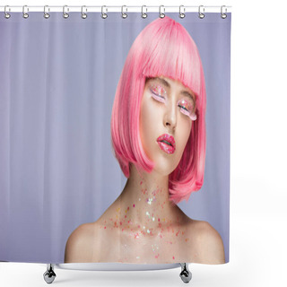 Personality  Attractive Woman With Pink Hair And Long Eyelashes Standing With Closed Eyes Isolated On Violet Shower Curtains