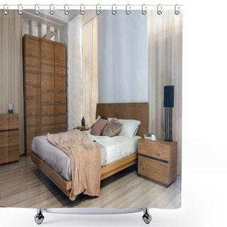 Personality  Interior Of Cozy Modern Bedroom With Closet And Bed Shower Curtains