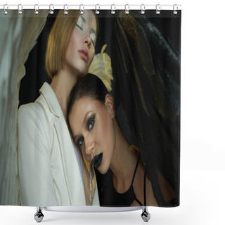 Personality  Demonic Woman Looking At Camera Near White Ethereal Angel With Closed Eyes On Black, Good Vs Devil Shower Curtains