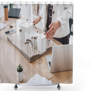 Personality  Partial View Of Professional Architect Working With House Model At Workplace Shower Curtains