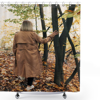 Personality  Back View Of Woman Standing In Autumn Forest And Touching Tree Trunk Shower Curtains