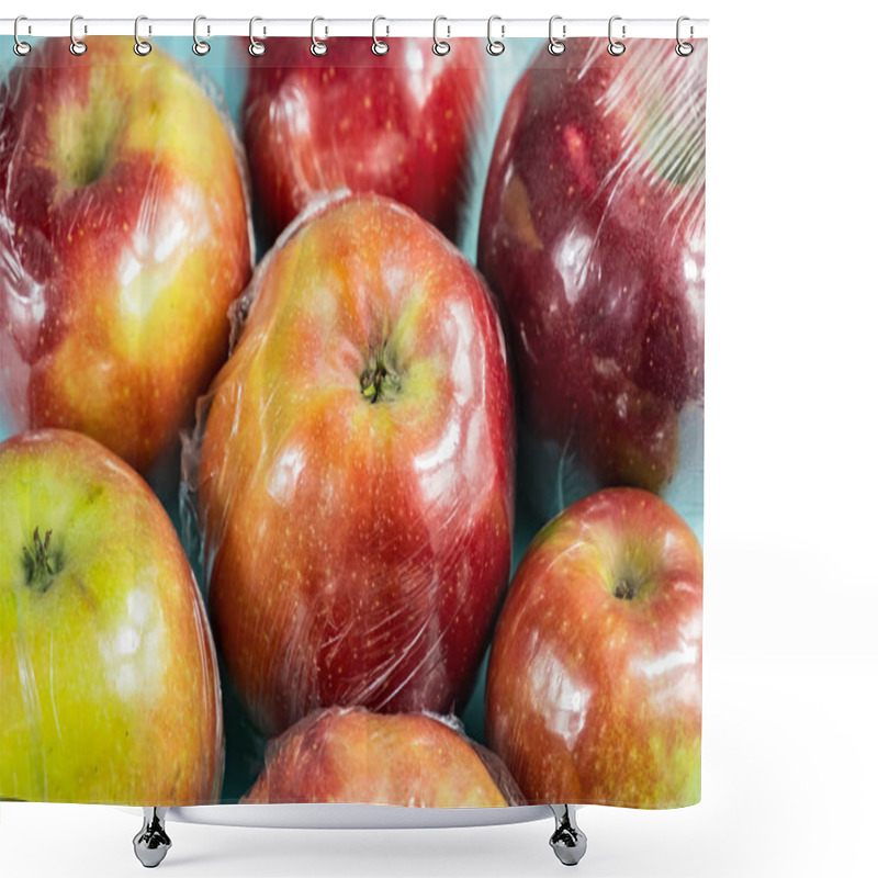 Personality  Excessive Plastic Use Concept: Fresh Apples In Kitchen Wrap. Unreasonably Over-packaged Food Products: Fresh Fruit In Plastic Wrap, Close-up View Shower Curtains