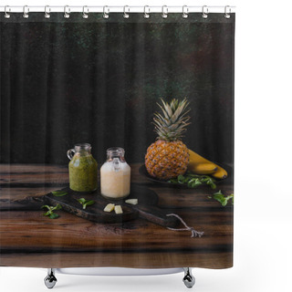 Personality  Delicious Detox Smoothies With Tropical Fruits On Rustic Wooden Board Shower Curtains