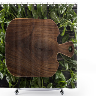 Personality  Top View Of Wooden Cutting Board On Leaves Of Basil  Shower Curtains