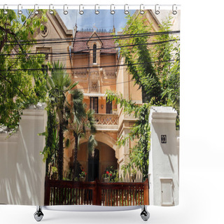 Personality  Facade Of Building With Palm Trees And Fence In Catalonia, Spain  Shower Curtains
