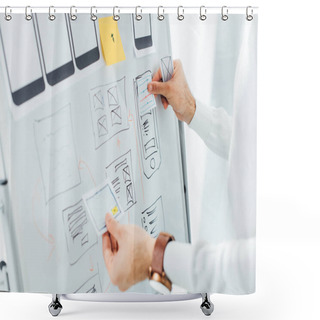 Personality  Cropped View Of Ux Designer Using Layouts While Creative App Interface On Whiteboard Shower Curtains