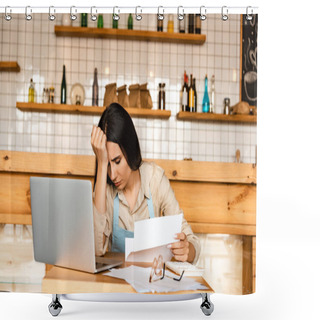 Personality  Upset Cafe Owner Holding Paper Near Calculator, Laptop And Documents With Glasses At Table Shower Curtains