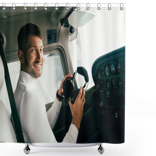 Personality  Smiling Bearded Young Man In Casual Attire Holding Headphones In Plane Shower Curtains