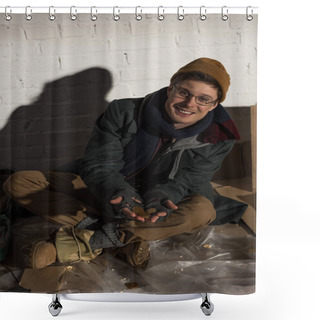 Personality  Smiling Homeless Man Sitting On Rubbish Dump And Holding Coins In Open Hands Shower Curtains