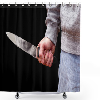 Personality  Man Brandishing Kitchen Knife In A Threatening Manner. Isolated On Black. Shower Curtains