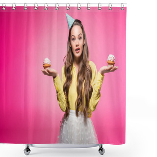 Personality  Attractive Woman With Party Hat Holding Cupcakes Isolated On Pink Shower Curtains