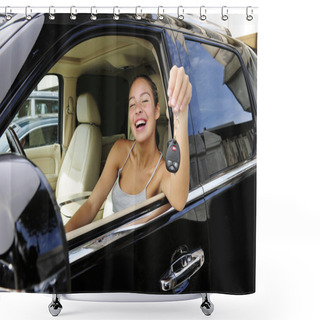 Personality  Woman Showing Keys Of Her New 4x4 Off-road Vehic Shower Curtains