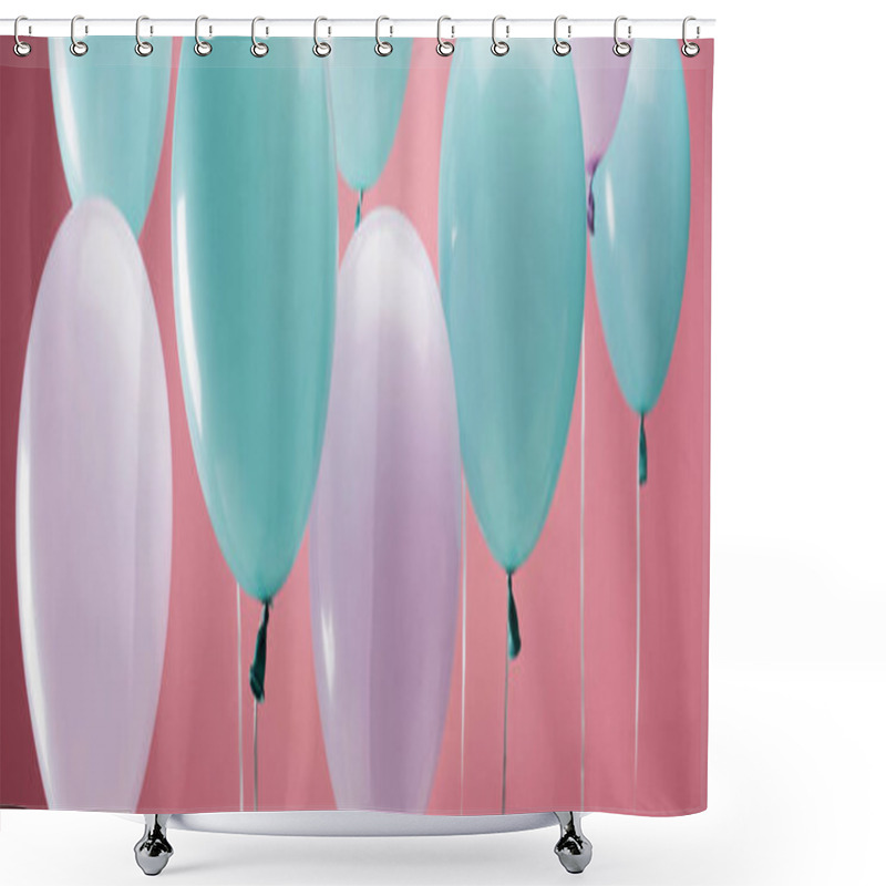 Personality  bright party multicolored balloons on pink background, panoramic shot shower curtains