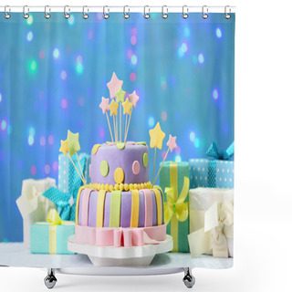 Personality  Delicious Birthday Cake On Shiny Blue Background Shower Curtains