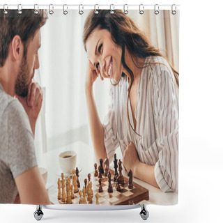 Personality  Young Couple Playing Chess At Home Shower Curtains