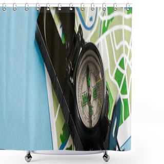 Personality  Panoramic Shot Of Retro And Black Compass On Map On Blue  Shower Curtains