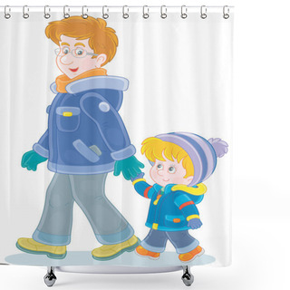 Personality  Young Dad And His Little Son Friendly Talking And Walking Together Hand In Hand On A Winter Stroll, Vector Cartoon Illustration Isolated On A White Background Shower Curtains